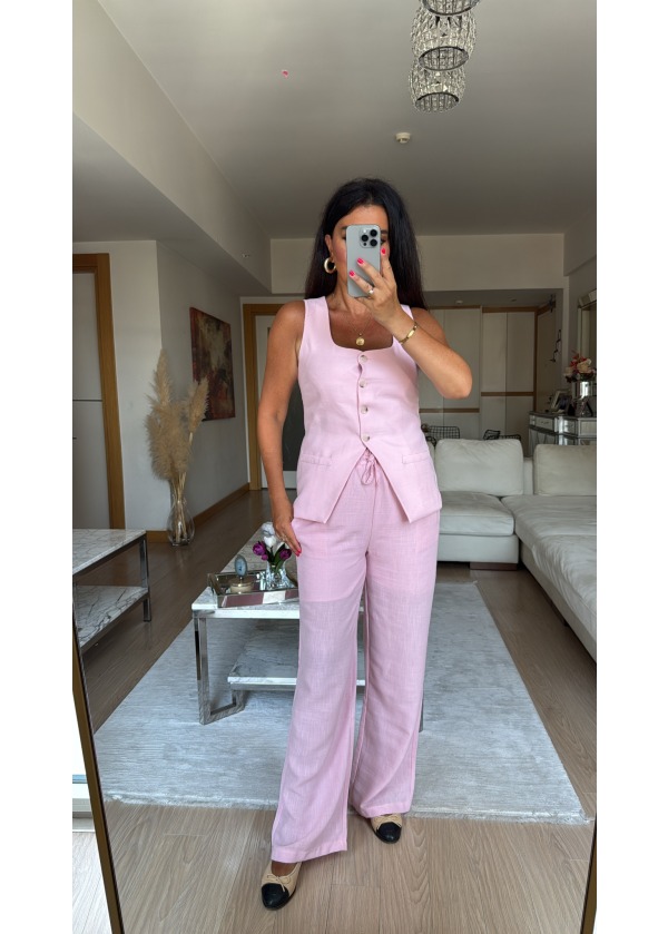 Premium Keten Yelek Pantalon Takım Pembe
