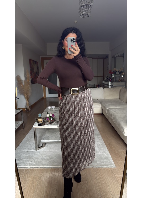 Kareli Kemerli Midi Boy Etek Kahve