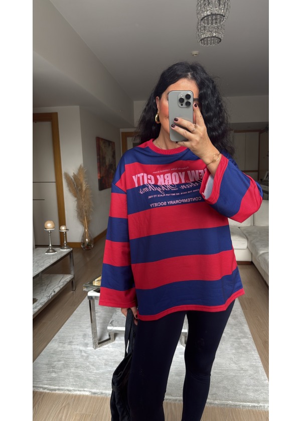 Zra Model Çizgili Sweat Lacivert Kırmızı