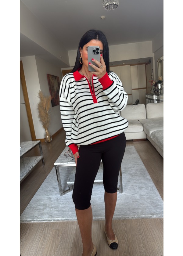 Polo Yaka Çizgili Yarım Fermur Triko