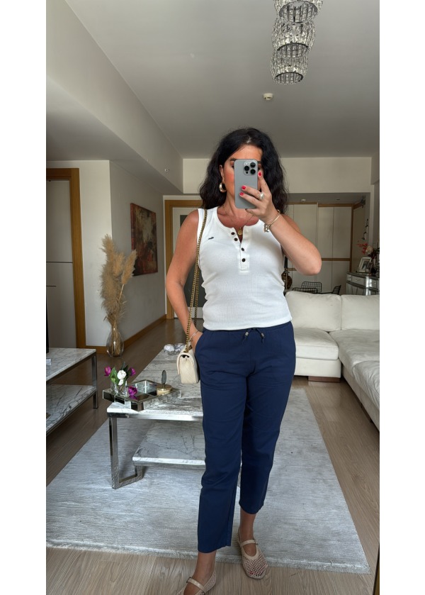 Beli Lastikli Gabardin Kumaş Pantalon Lacivert