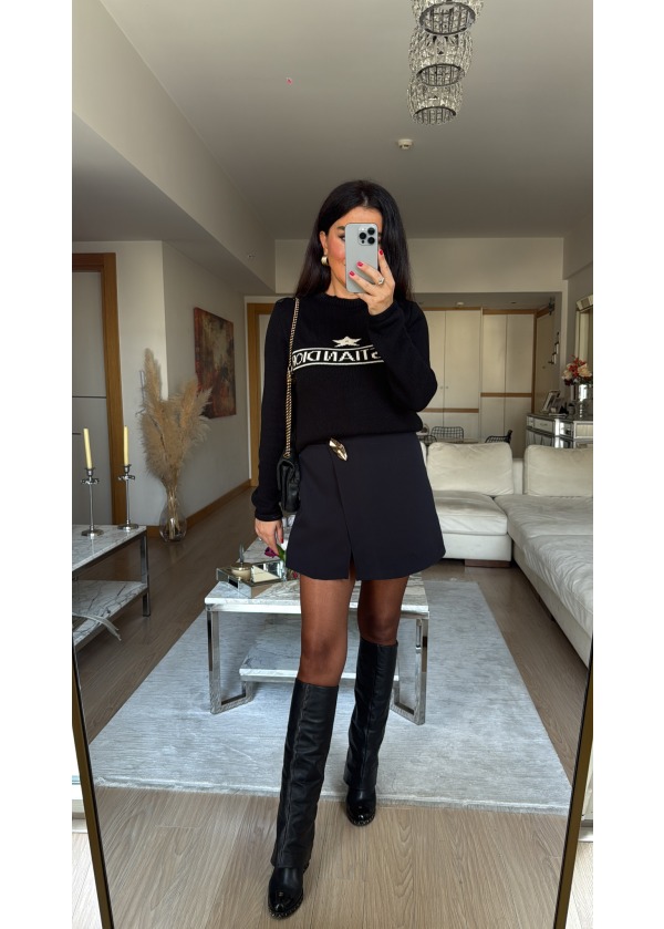 Zra Gold Düğmeli Şort Etek Siyah