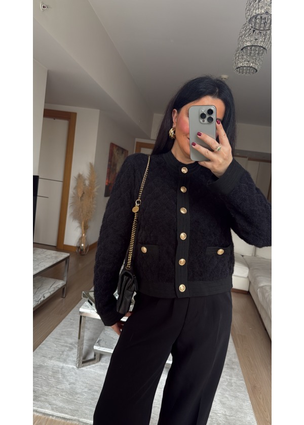 Premium Gold Düğme Detay Triko Ceket Siyah