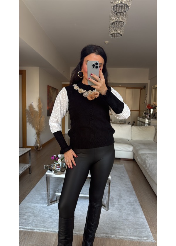 Taş Ve İnci Detaylı Gömlek Kollu Triko Kazak