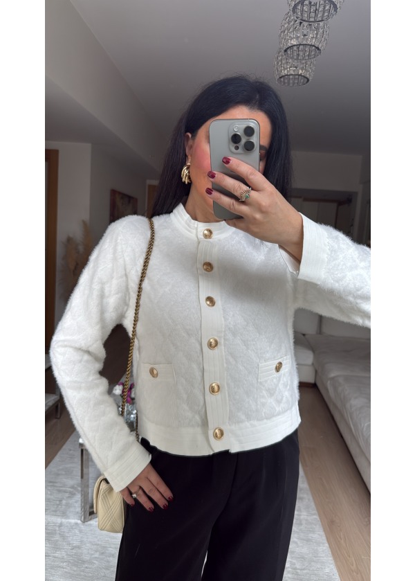 Premium Gold Düğme Detay Triko Ceket Beyaz