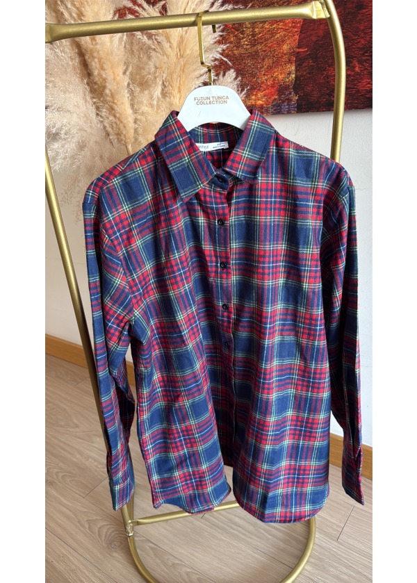 Kareli Kaşe Kumaş Oduncu Gömlek Lacivert Kırmızı (Son Ürün)
