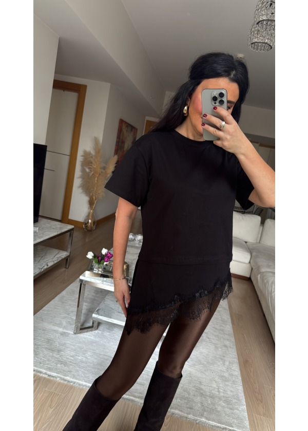 Zra Model Asimetrik Kesim Dantel Detaylı Tshirt