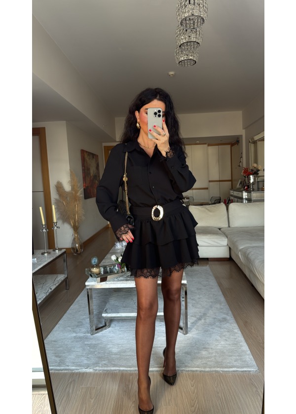 Dantel Detay Gold Kemerli Gömlek Elbise