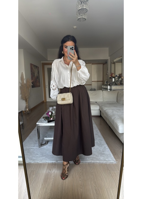 Beli Lastikli Poplin Etek Acı Kahve