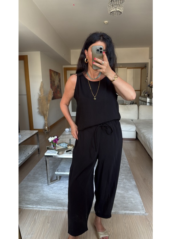  Modal Tensel Kumaş Bluz Pantalon Takım Siyah