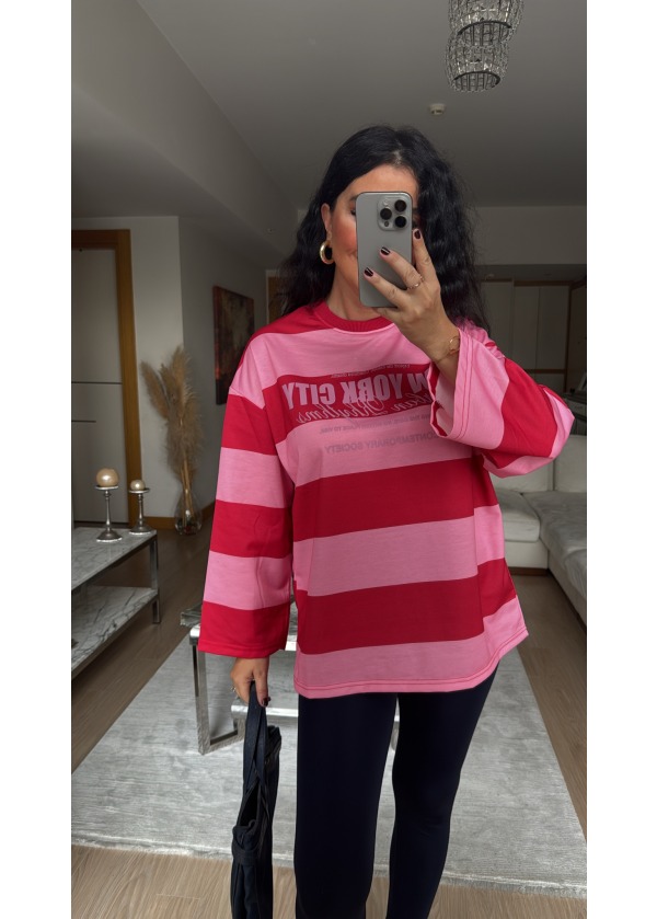Zra Model Çizgili Sweat Pembe Kırmızı