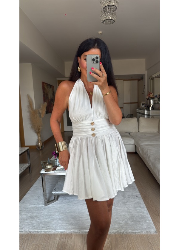 Boyundan Bağlamalı Beyaz Elbise