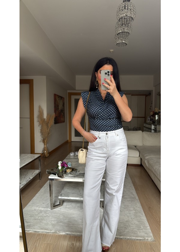 Lacivert Beyaz Puantiyeli Vatkalı Kruvaze Bluz