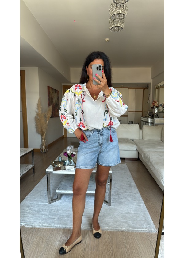 Nakış Detay Keten Gömlek