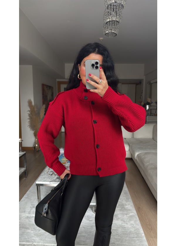 Massi Model Dik Yaka Triko Hırka Kırmızı