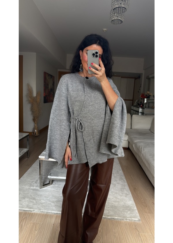 Zra Model Pelerin Kol Detaylı Triko Ceket  Gri