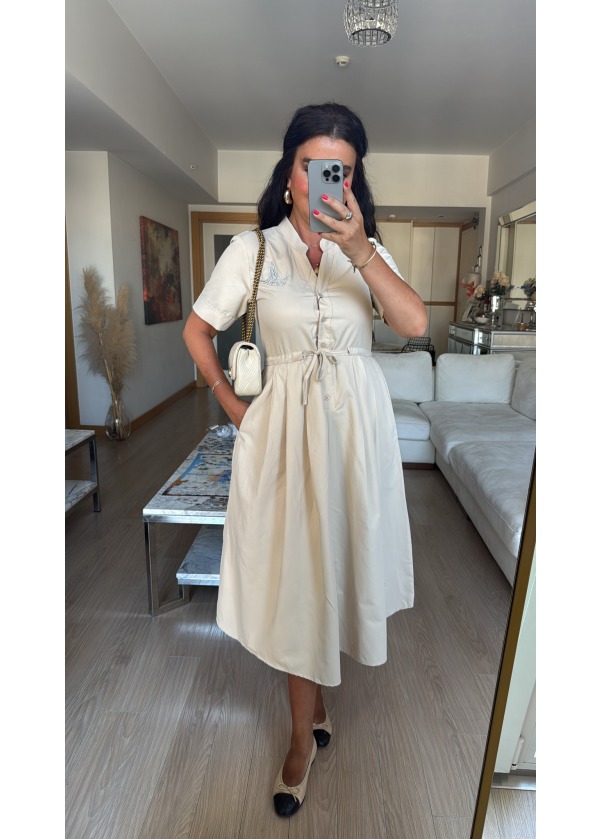 Premium Taş Detay Gömlek Elbise Midi Boy