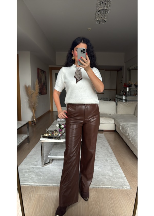 Deri Palazzo Pantalon Acı Kahve