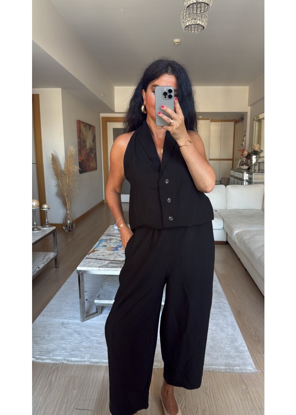 Halter Yaka Yelek Pantalon Takım Siyah