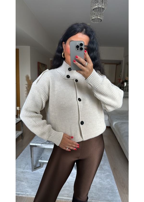 Massi Model Dik Yaka Triko Hırka Ekru