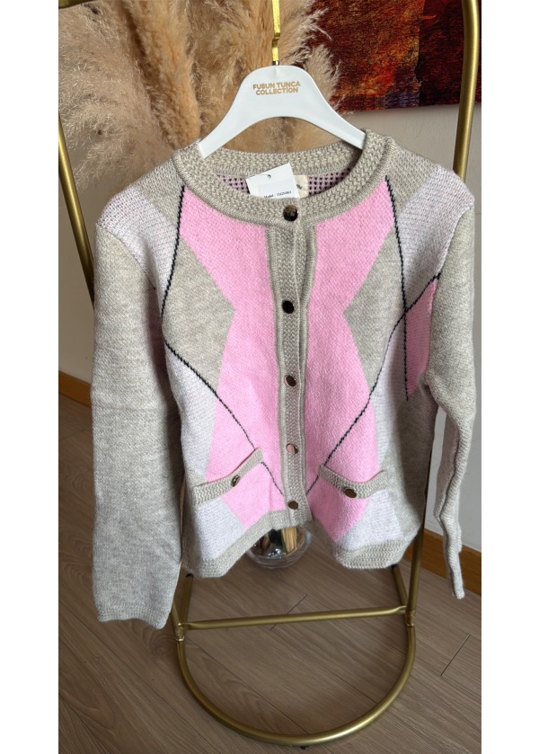 Pembe Bej Baklava Desenli Triko Hırka (Son Ürün)