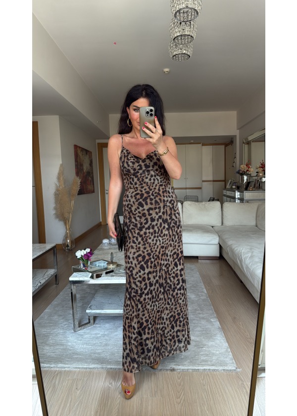 Leopar Desen Askılı Elbise