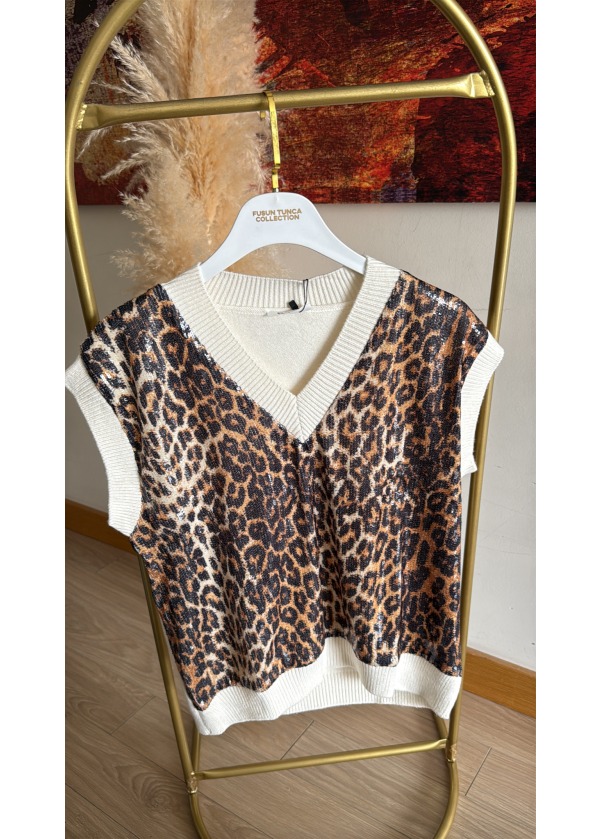Leopar Desen Payetli Triko Süveter