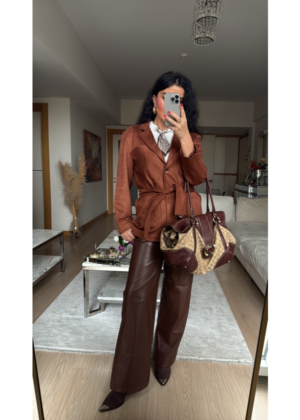 Nubuk Kumaş Kemerli Taba Ceket