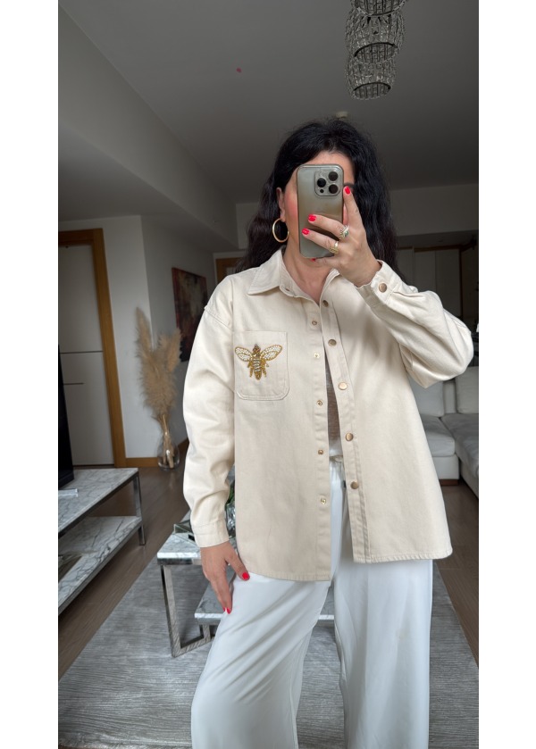 Taş İşleme Detay Jean Ceket Bej