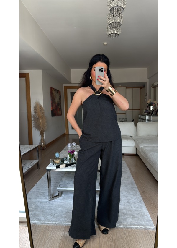 Halter Yaka Gold Aksesuar Detay Takım