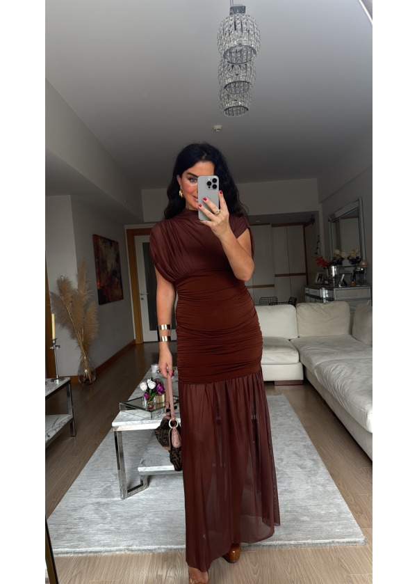 Zra Model Tül Detaylı Elbise Kahve