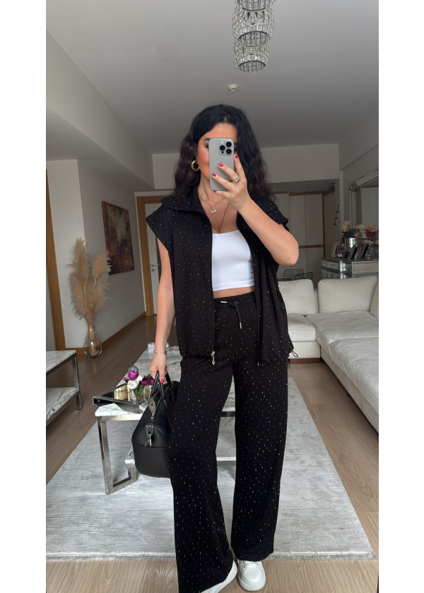 Taş Detaylı Modal Takım Siyah