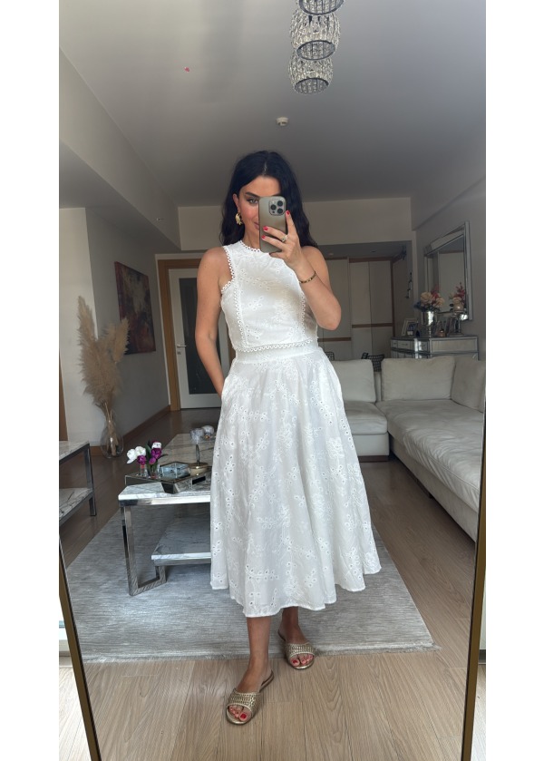 Fisto Detay Bluz Etek Takım Beyaz