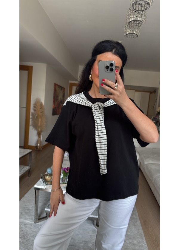 Boyundan Bağlamalı Basic Tshirt  Siyah