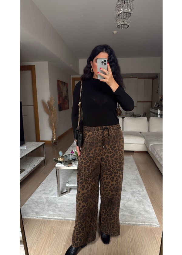 Leopar Desen Beli Lastikli Kargo Pantalon
