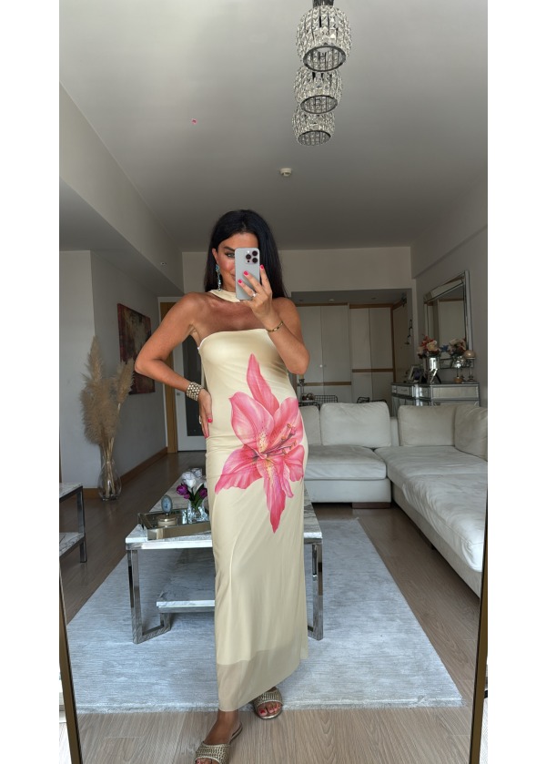  Fular Detaylı Straplez Elbise Sarı