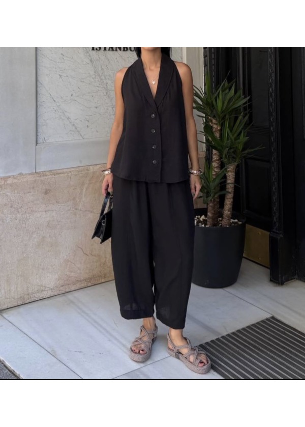 Halter Yaka Yelek Pantalon Takım Siyah